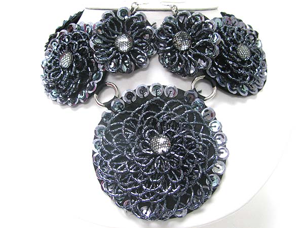 Beads and sequin deco round fabric flower link neckalce earring set