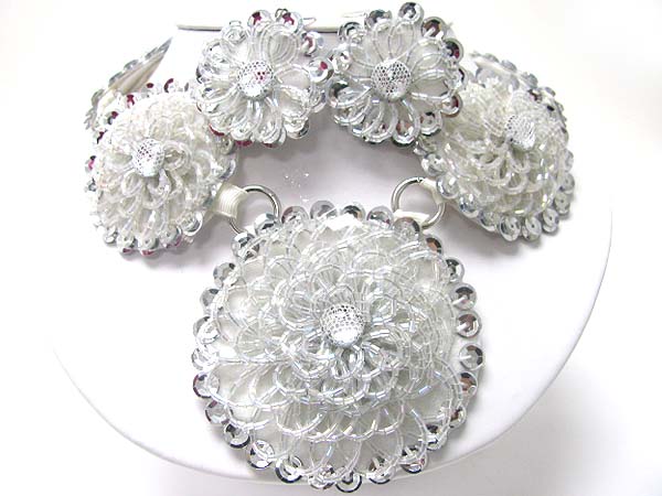 Beads and sequin deco round fabric flower link neckalce earring set