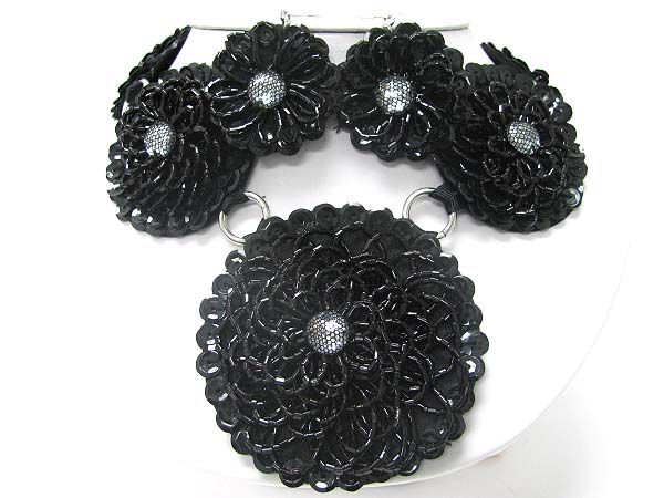Beads and sequin deco round fabric flower link neckalce earring set