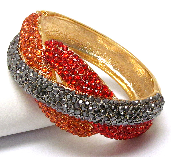 Crystal pave triple metal band deco hinge bangle