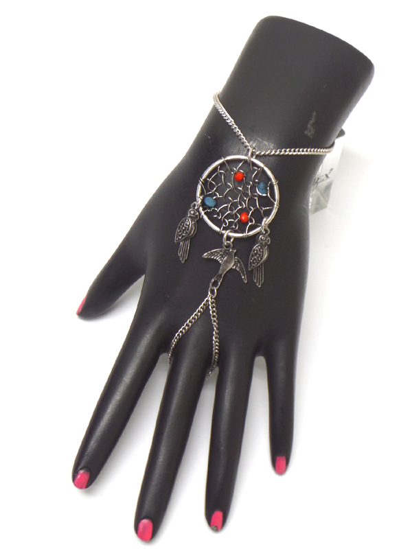 BOHO STYLE DREAM CATCHER OWL DANGLE SLAVE RING AND BRACELET SET