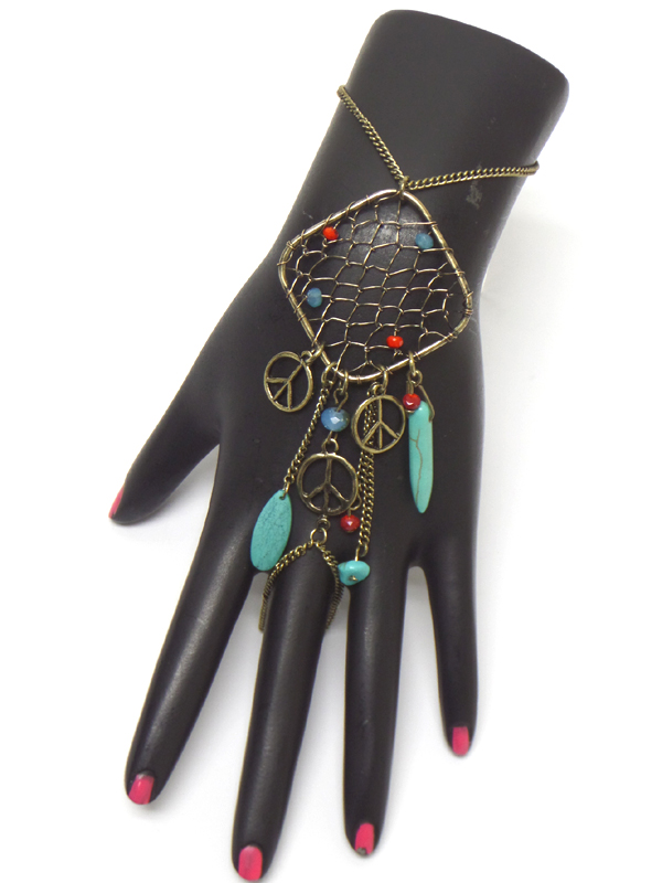 Boho style dream catcher peace sign dangle slave ring and bracelet set