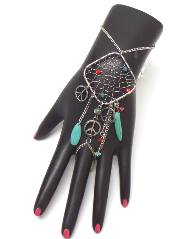 Boho style dream catcher peace sign dangle slave ring and bracelet set
