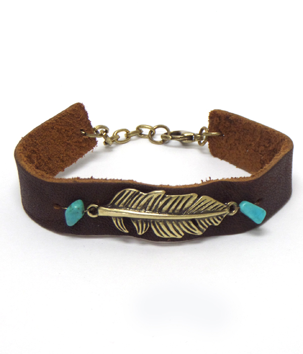 Metal feather leatherette bracelet