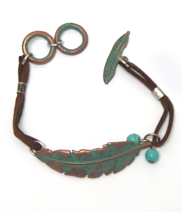Metal feather leatherette bracelet