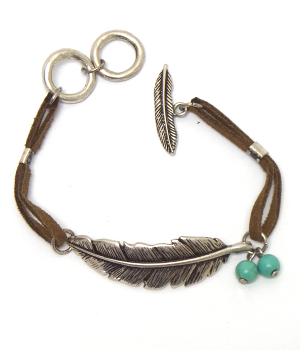 Metal feather leatherette bracelet