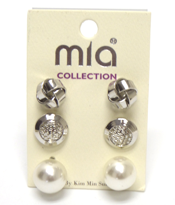 Crystal and metal ball mix 3 pair earring set