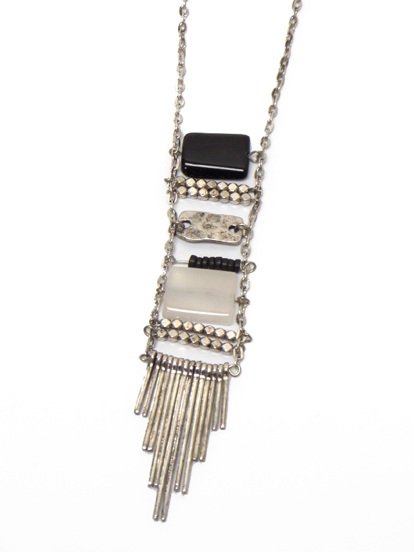 Semi precious stone and metal bar long necklace