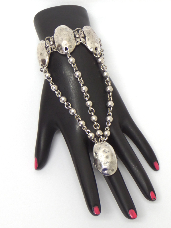 Hammered oval disk link slave ring and bracelet set