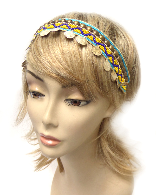 Handmade seedbead and coin drop headband