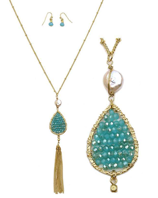 Glass bead teardrop and fine chain tassel necklace set
