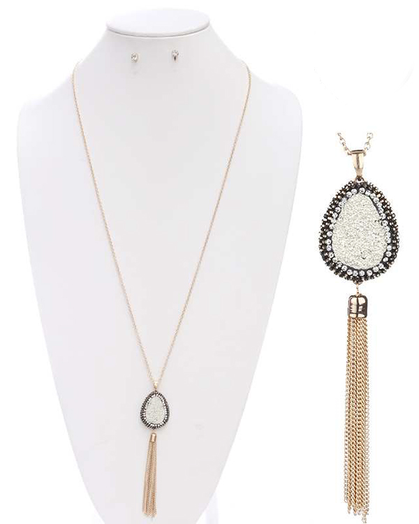 Druzy and crystal teardrop and fine chain tassel long necklace set
