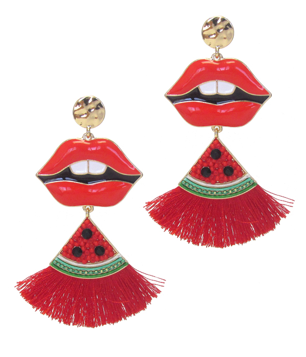 EPOXY LIP AND WATERMELON FAN TASSEL EARRING