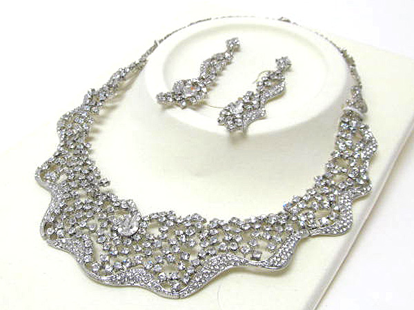 Luxurious austrian crystal textured center tear drop deco party necklace earring set