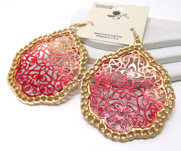 Large pained metal filigre tear drop earring