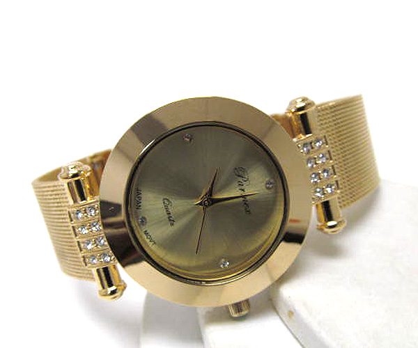 Round crystal fashion face frame mesh band watch
