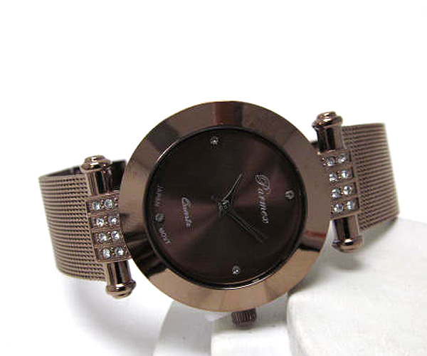 Round crystal fashion face frame mesh band watch