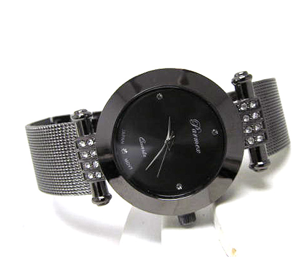 Round crystal fashion face frame mesh band watch