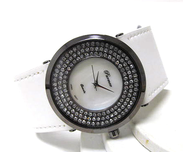 Full round crystal frame face fashion leather band watch
