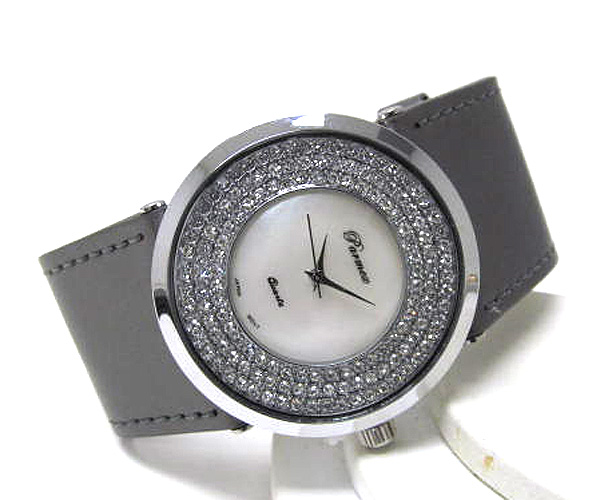 Full round crystal frame face fashion leather band watch