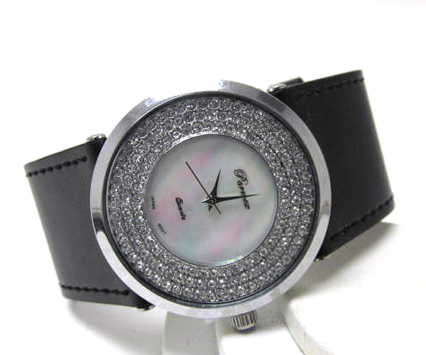 Full round crystal frame face fashion leather band watch
