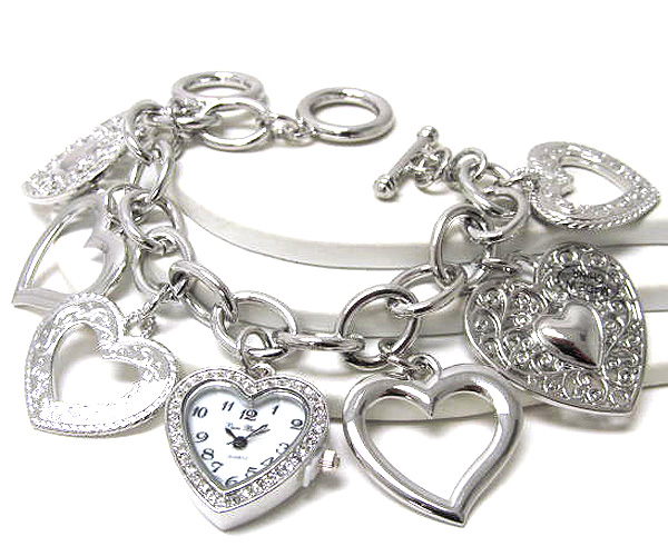 Crystal heart face fashion heart charms bracelet watch