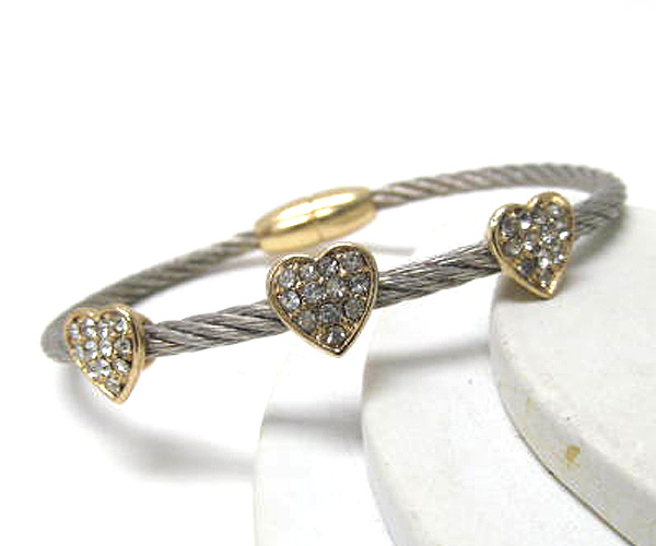 Three heart crystal with wire cable magnetic function bangle bracelet