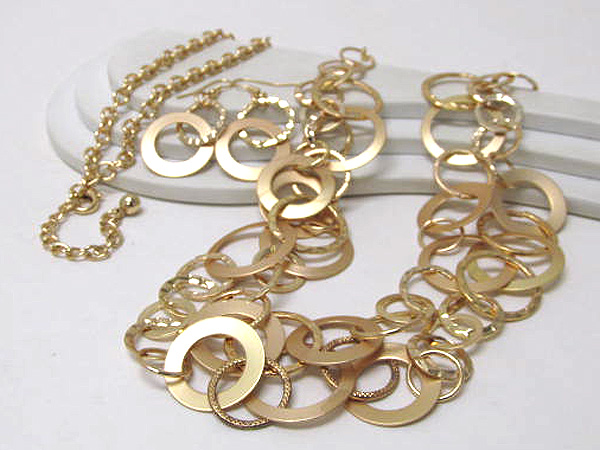 Two layered multi metal hammerd rings fashion long chain necklace earring set  