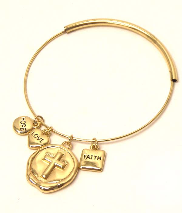 Stamped cross mark charm and flexible wire bracelet - faith love hope