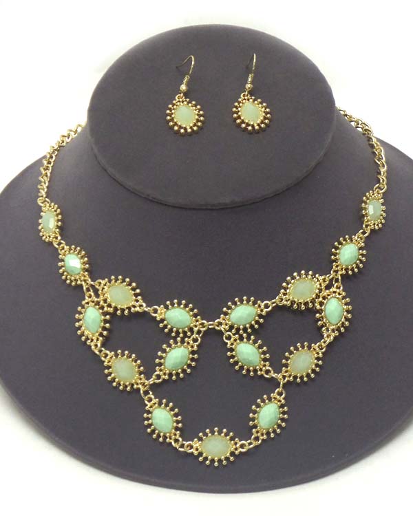 FACET STONE AND METAL FILIGREE STATEMENT NECKLACE EARRING SET