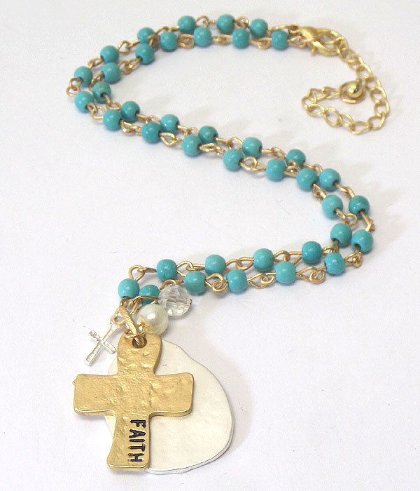 Religious inspiration hammered cross and teardrop pendant and turquoise chain necklace