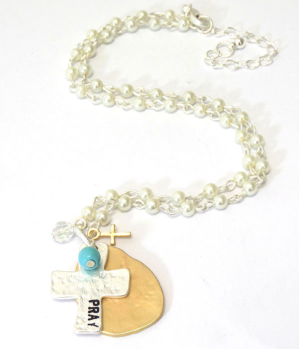 Religious inspiration hammered cross and teardrop pendant and pearl chain necklace