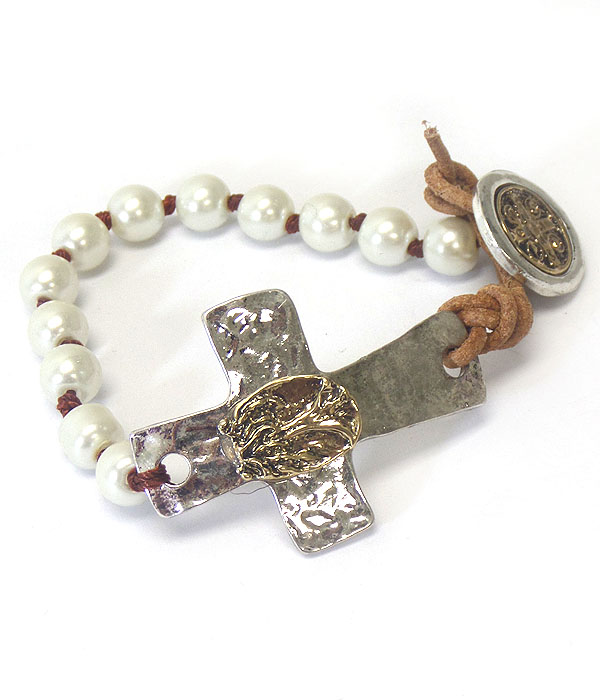 Hammered cross and leather and pearl button bracelet