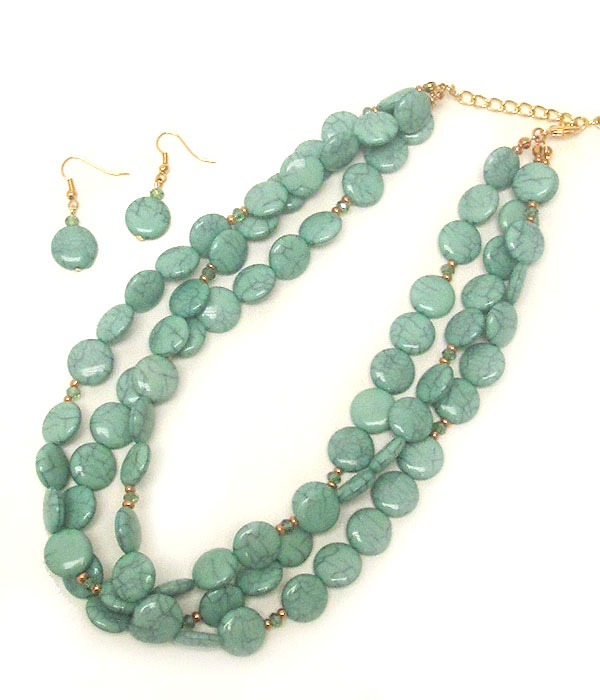 Marble print disk stone 3 layer necklace earring set