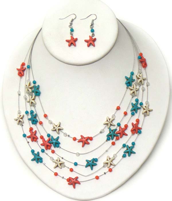 Sealife theme turquoise and coral on wire illusion necklace earring set
