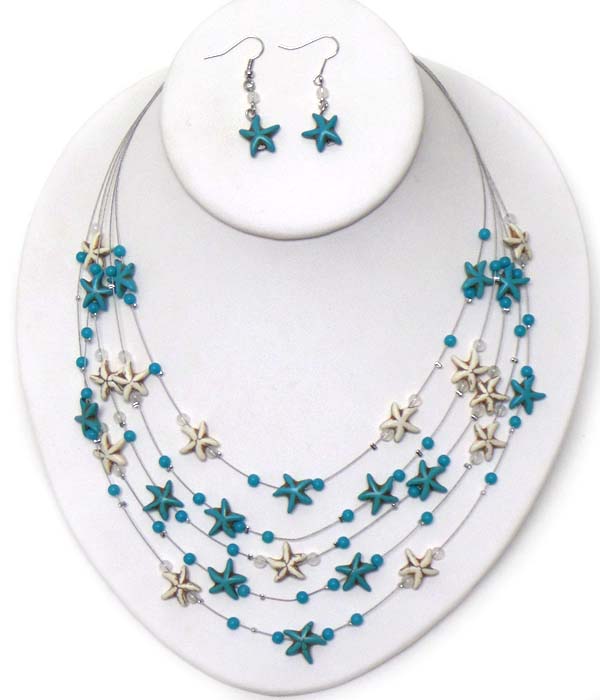 Sealife theme turquoise on wire illusion necklace earring set