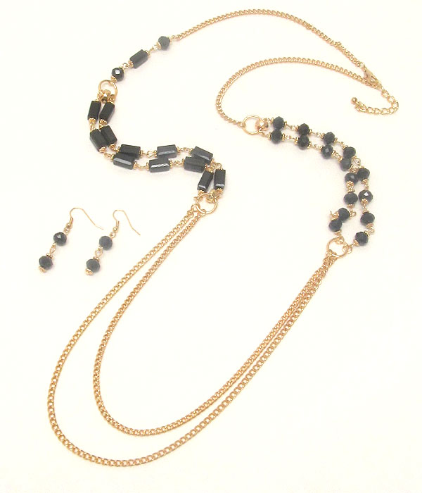 TWO LAYERED FINE CHAIN AND GLASS BEAD SIDE LONG NECKLACE EARRING SET