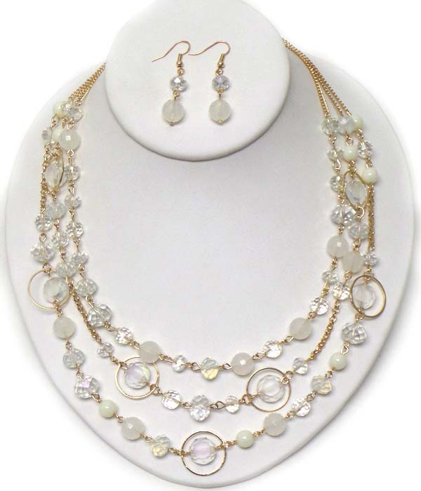 Multi facet stone and metal ring mix triple layer necklace earring set