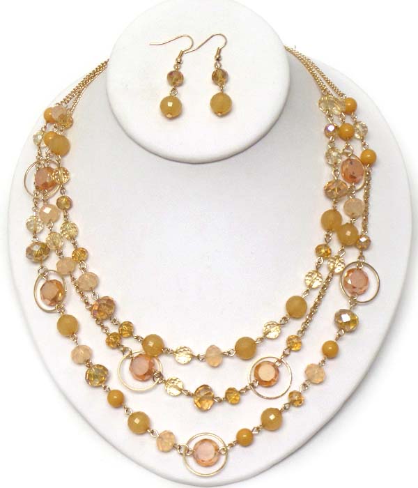Multi facet stone and metal ring mix triple layer necklace earring set