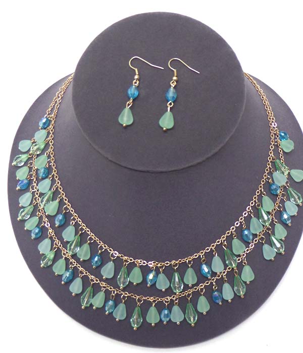 Multi teardrop dangle on double layer chain necklace earring set