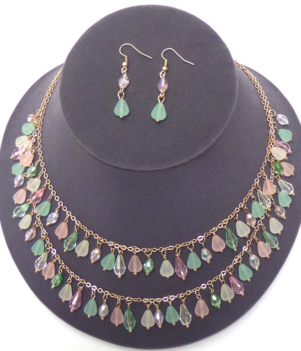 Multi teardrop dangle on double layer chain necklace earring set