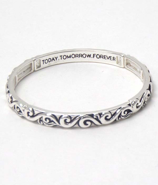 Metal filigree wave pattern message inside stackable stretch bracelet - today tomorrow forever