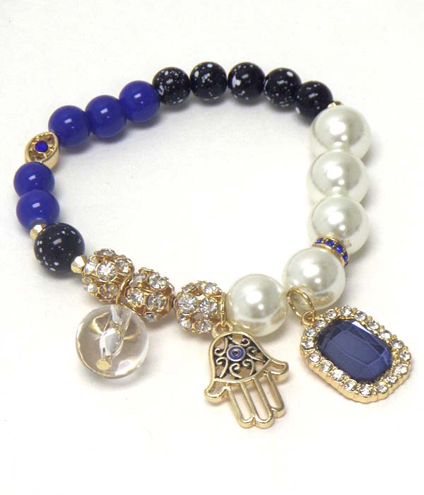 Hamsa charm crystal ball and pearl mix stretch bracelet