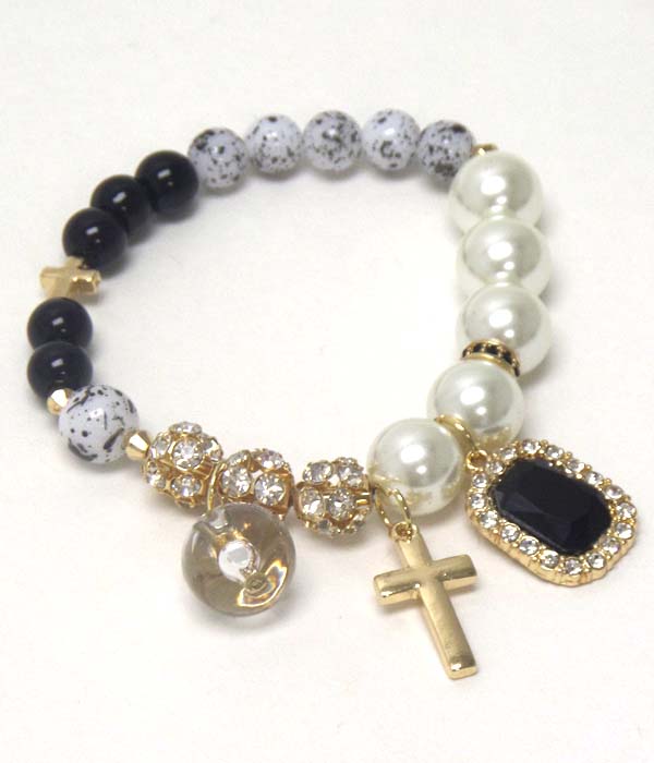 Cross charm crystal ball and pearl mix stretch bracelet