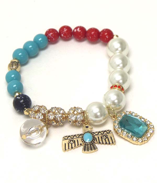 Aztec bird charm crystal ball and pearl mix stretch bracelet -western