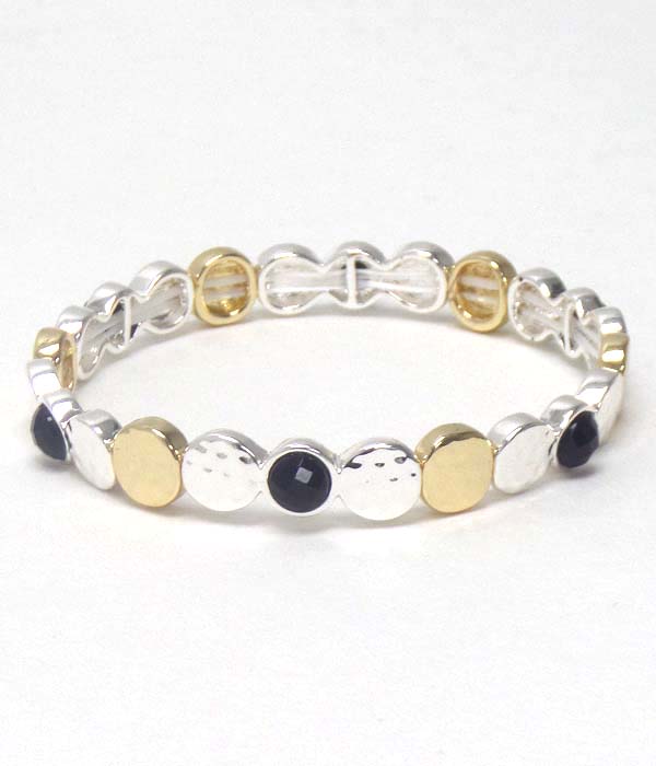 Facet stone accent multi metal disk link stackable stretch bracelet