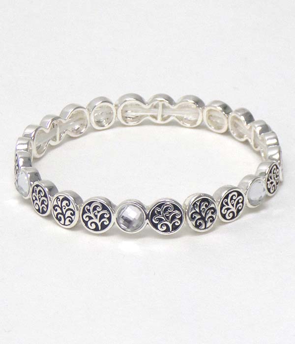 Facet stone and metal filigree multi disk link stackable stretch bracelet