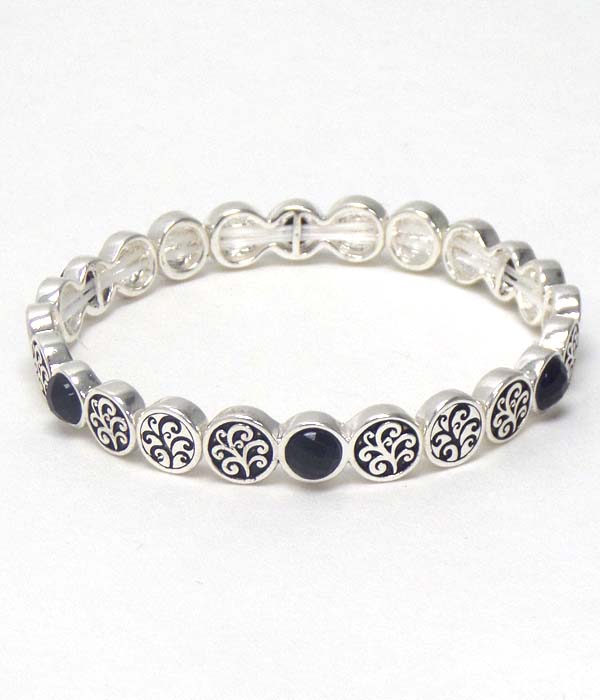 Facet stone and metal filigree multi disk link stackable stretch bracelet