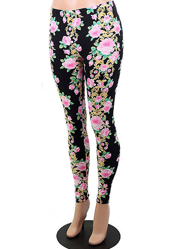 Floral pattern elastic leggings