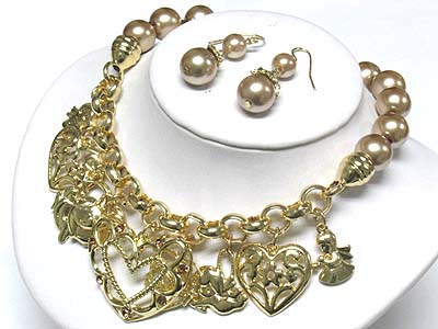 Multi heart dangle glass pearl ball and chain necklace set